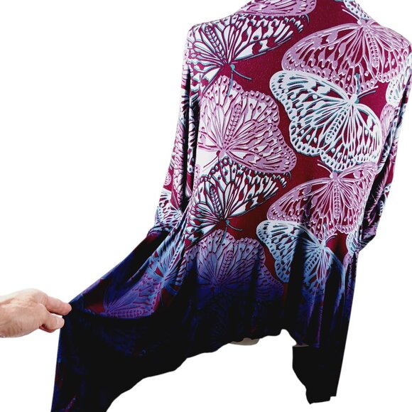 One World, Large, Butterfly Print Wrap, Ruched Sleeves, Blue/Purple/Maroon, Boho - Picture 8 of 16